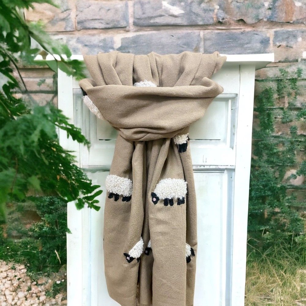 White Mohair Sheep on Beige Scarf