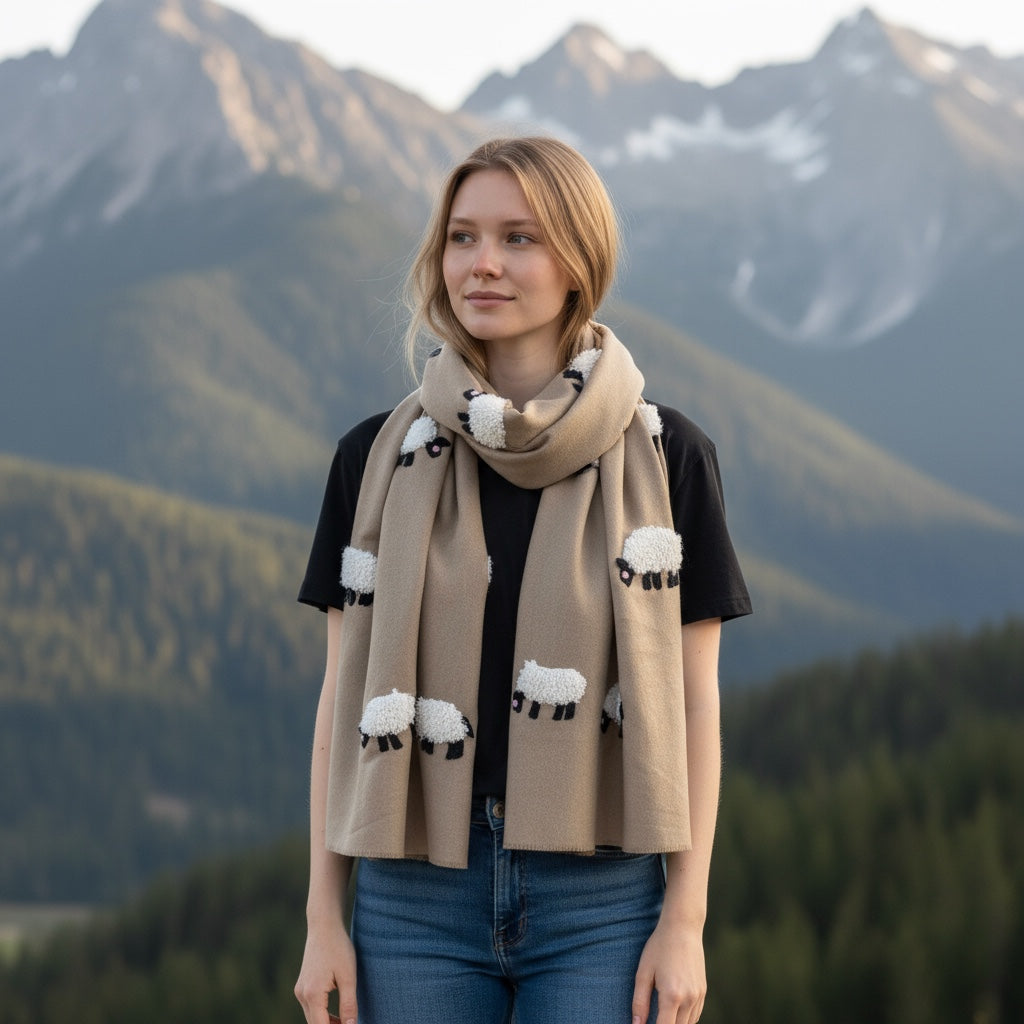 White Mohair Sheep on Beige Scarf