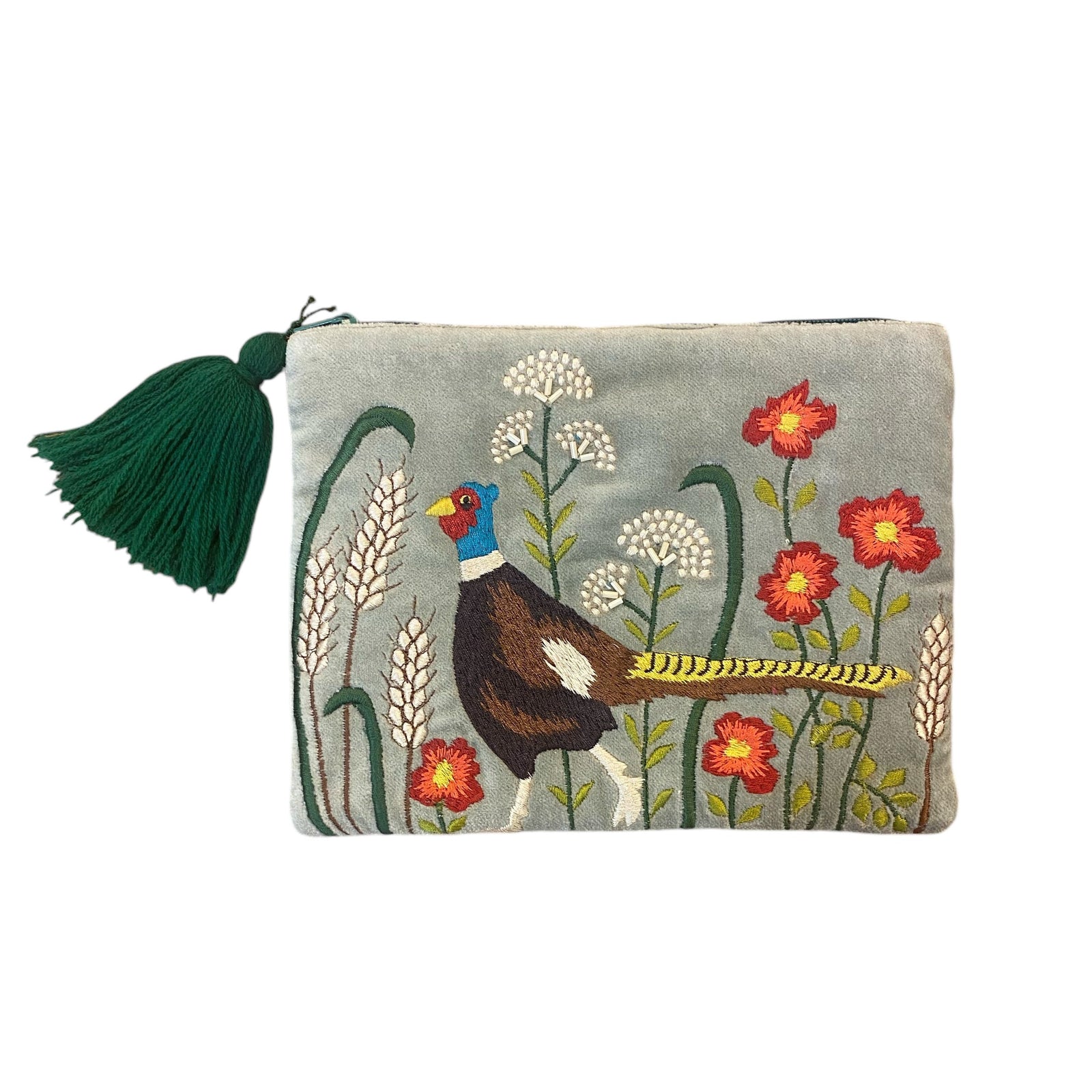 Pheasant & Flowers on Soft Grey Cotton Velvet Zipped Pouch