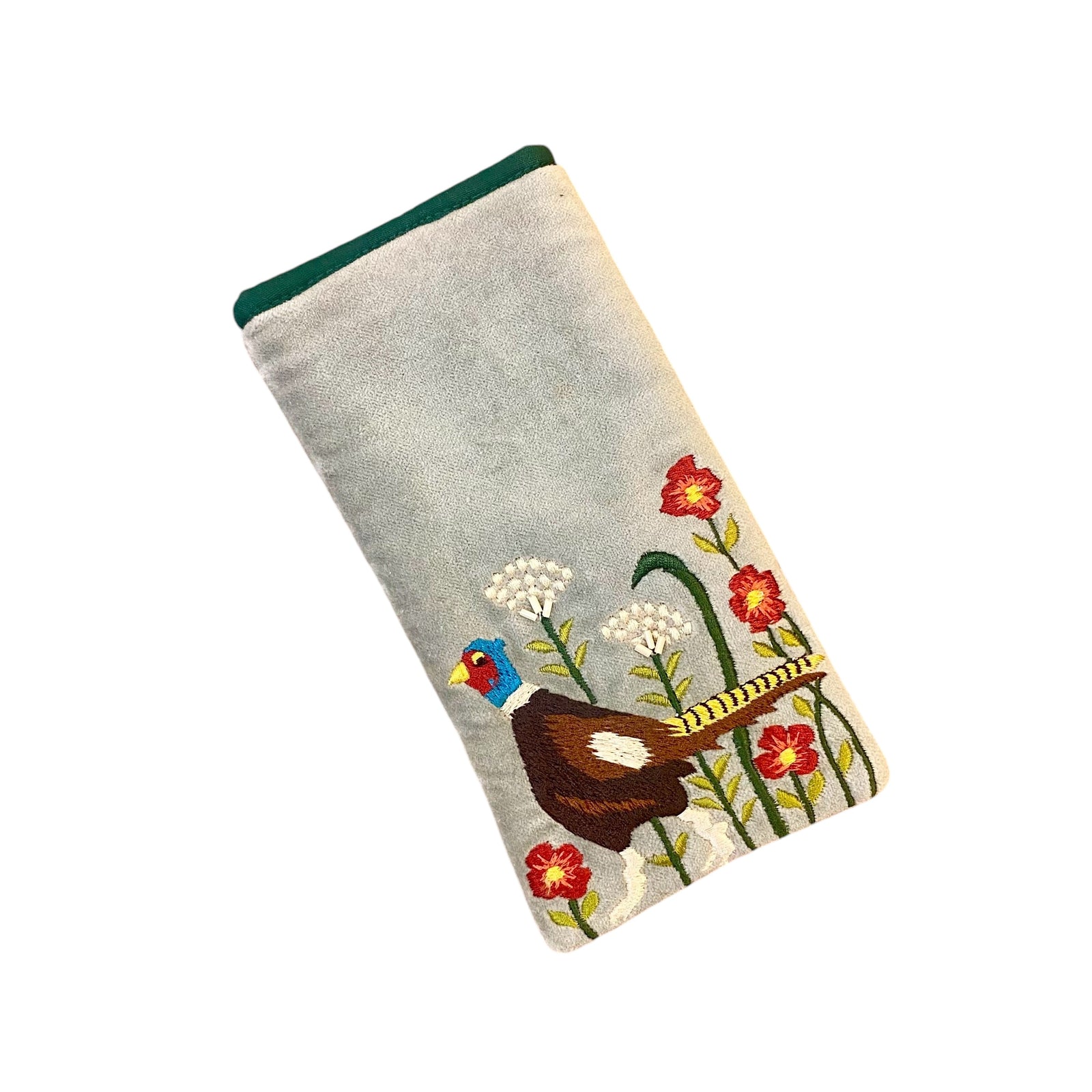 Pheasant Glasses Pouch on Soft Grey Cotton Velvet