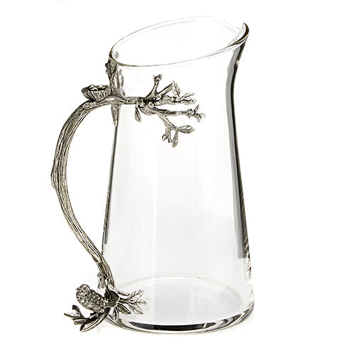 Large Bird and Nest Pewter and Glass Jug