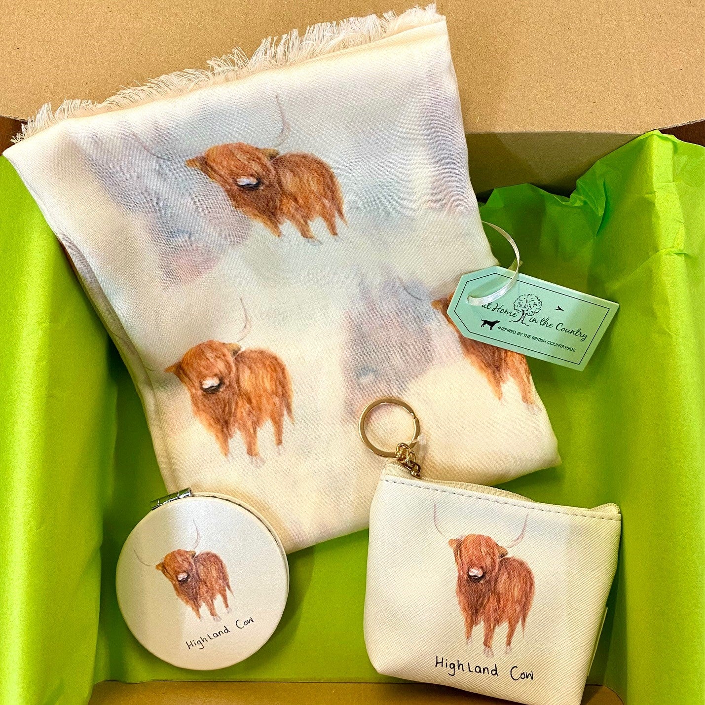 The Highland Cow Scarf, Coin Purse & Compact Mirror Gift Box