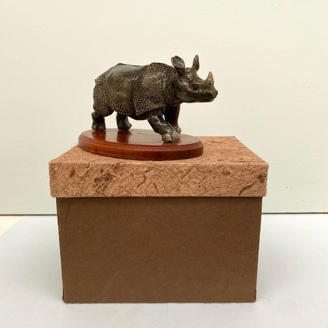 Porcelain Rhino on Wooden Plinth