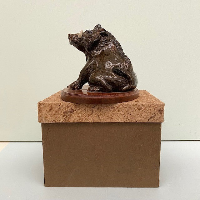 Porcelain Wild Boar on Wooden Plinth